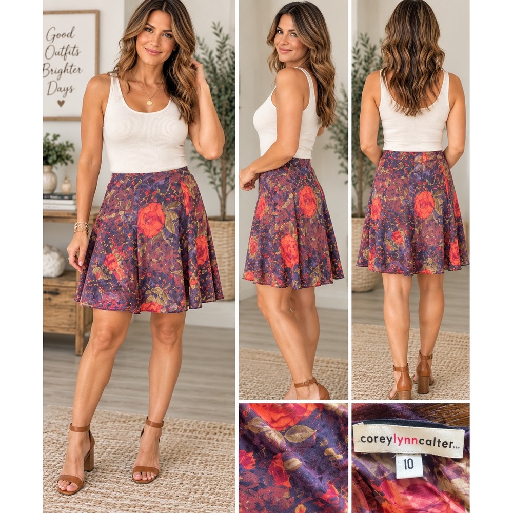 Corey Lynn Calter Floral Silk A-Line Skirt Purple Orange Size 10